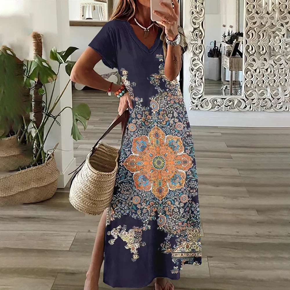 Women’s V-Neck Bohemian Dress – Short Sleeve Summer Skirt with Slit