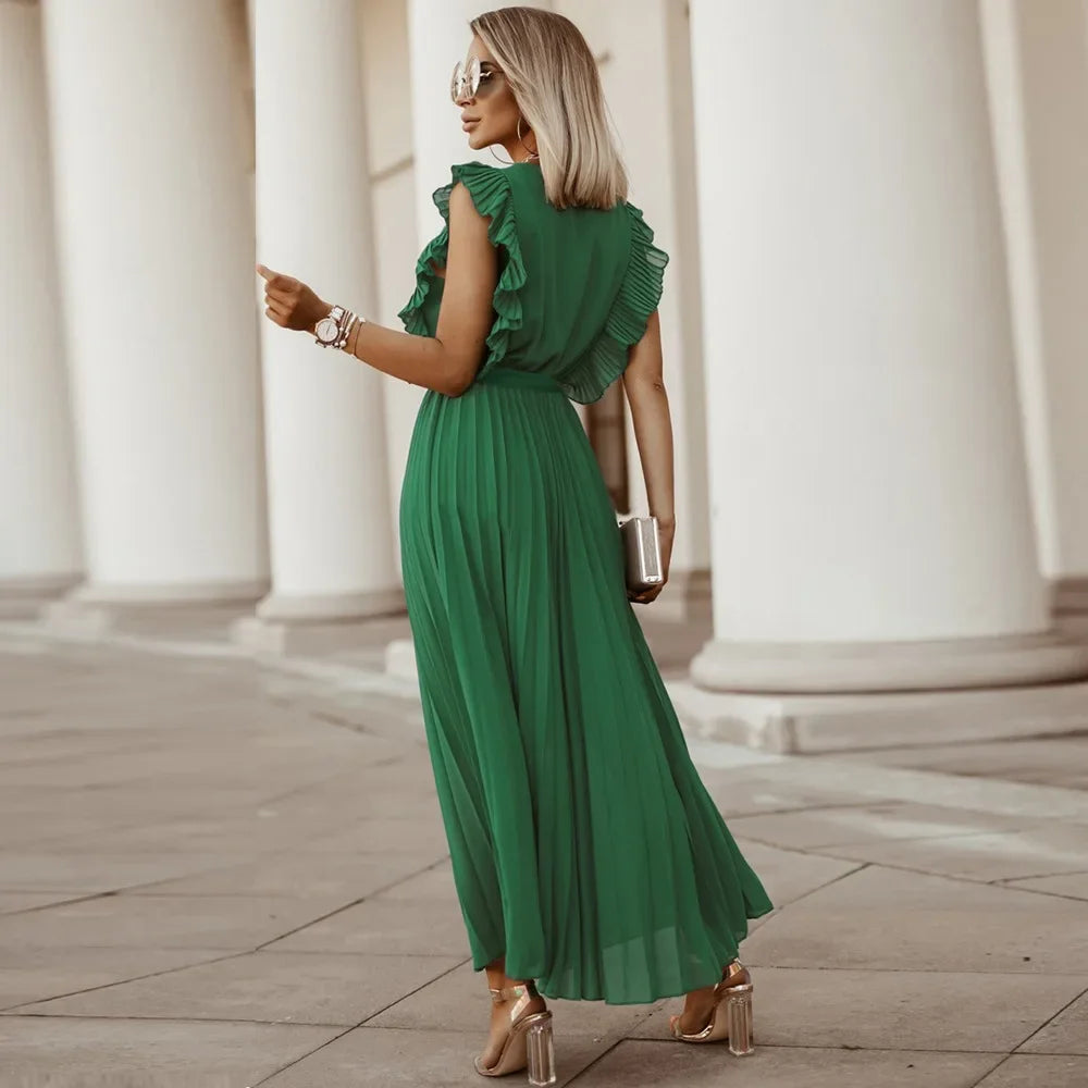 Elegant Long Beach Dress – Slimming Chiffon with Leaflet Sleeves, Solid Color for Women