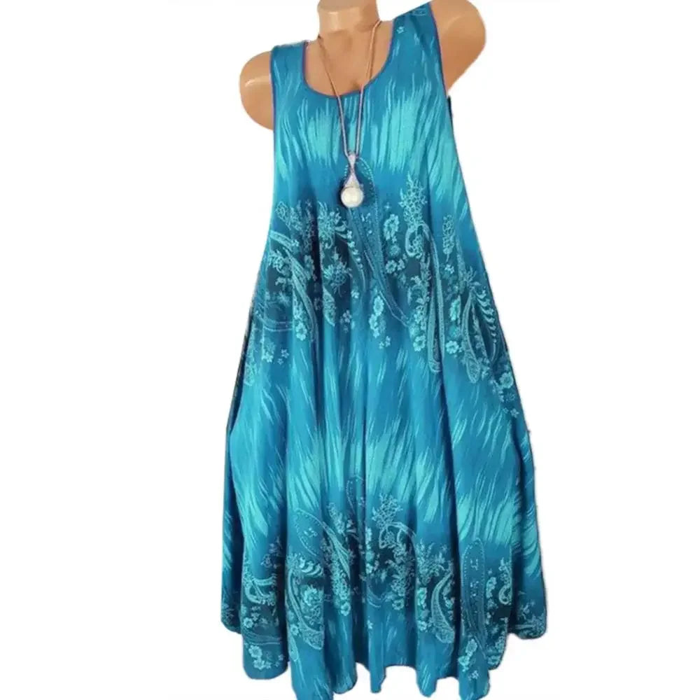 Summer Floral Tank Dress – Sleeveless, Loose Pleated Skirt for Women