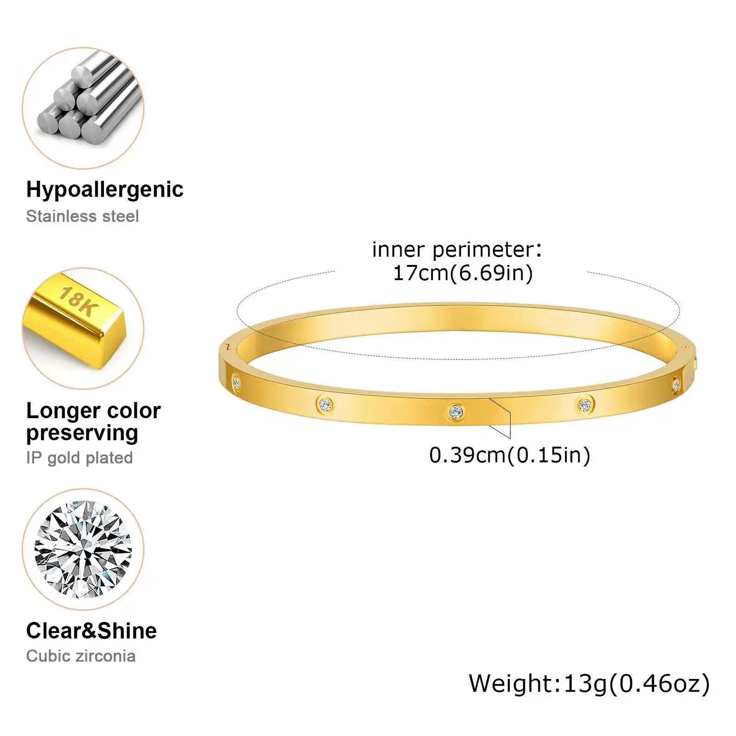 Prjewel Luxury Zircon Bangle – Waterproof Stainless Steel Bracelet
