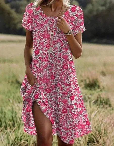 Boho Floral Print Dress – Casual Summer Pullover with Short Sleeves & O-Neck