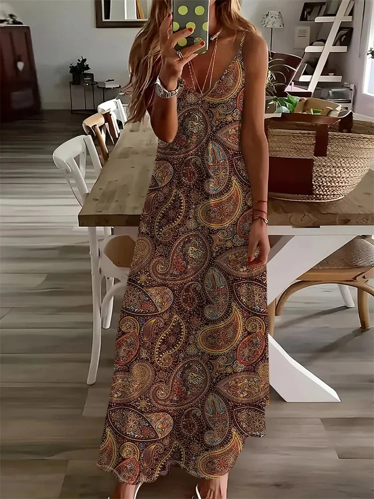 Women's Vintage Dreamcatcher Print Sleeveless Vest Dress – 2024 Summer V-Neck Halter
