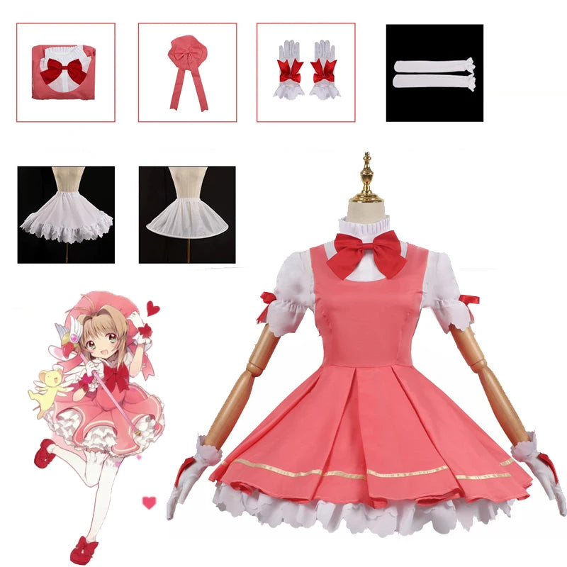 Anime Cardcaptor Sakura Card Captor Cosplay Kinomoto Sakura Cosplay Costume Wig Pink Lolita Dress Halloween Fancy Cos Party Suit