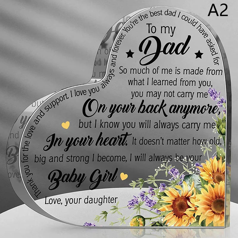 Heart Shape Acrylic Plaque for Dad Mom Birthday Father's Day Thankful Quote Blessed Wish Memorial Keepsake Gift Thank you Dad