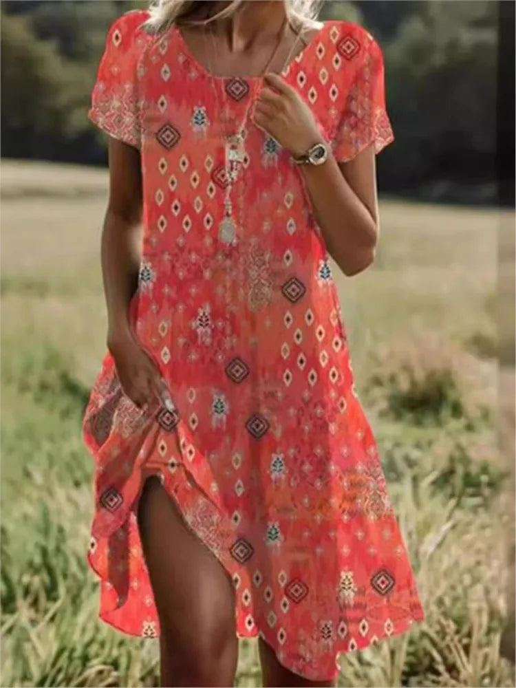 Boho Floral Print Dress – Casual Summer Pullover with Short Sleeves & O-Neck