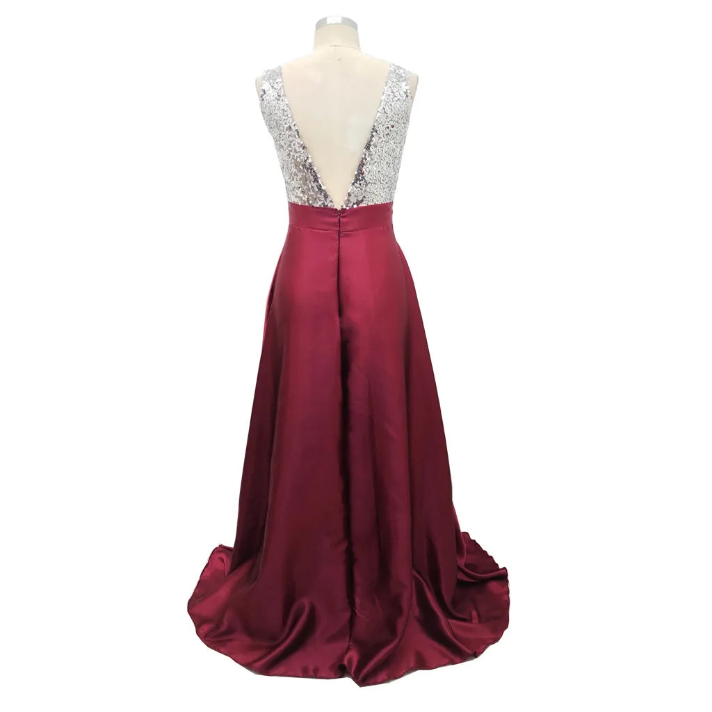 V-Neck Sequin Formal Gown – Sleeveless High-Waist Prom & Party Dress
