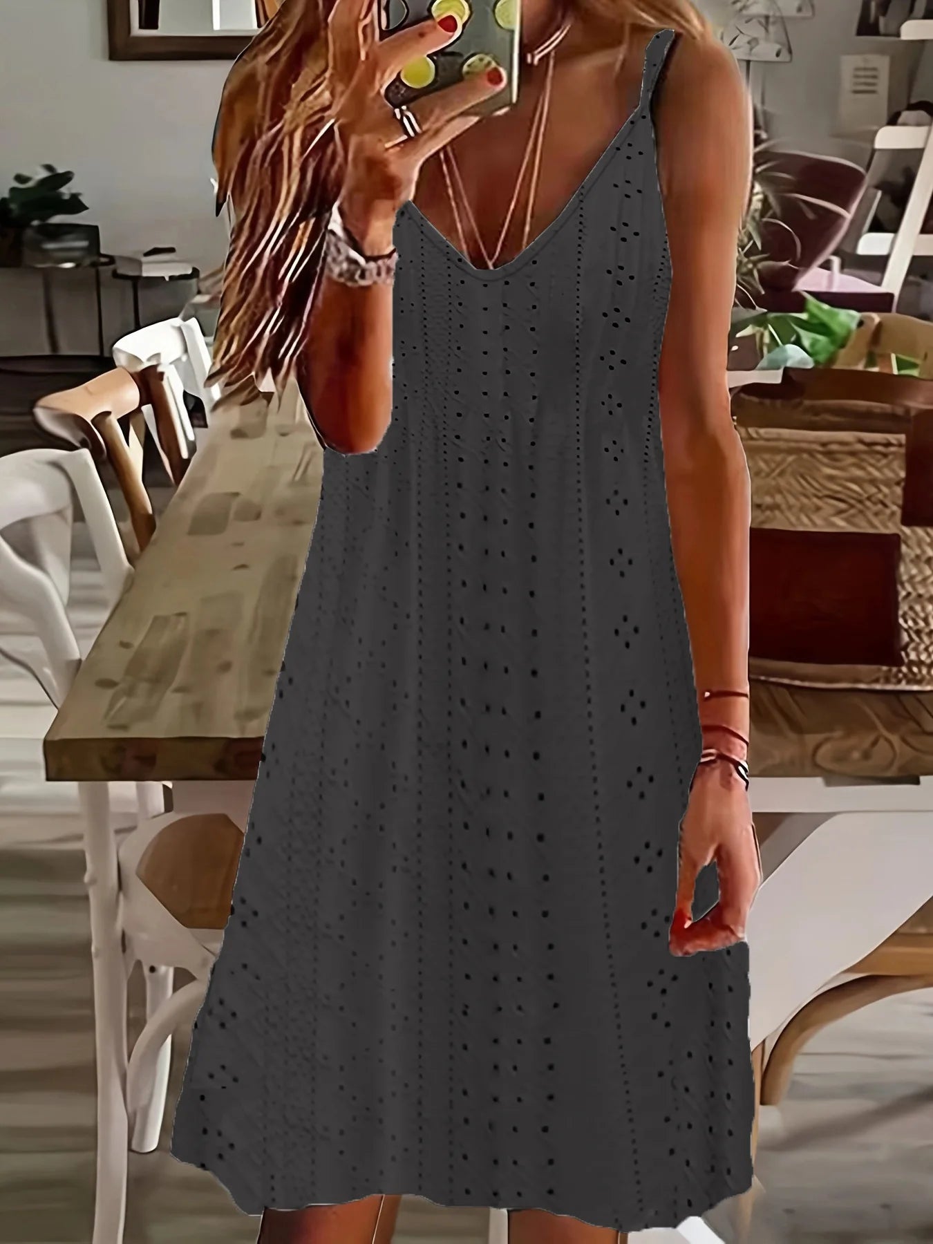 European & American Women's Summer V-Neck Hollow Jacquard Strap Dress