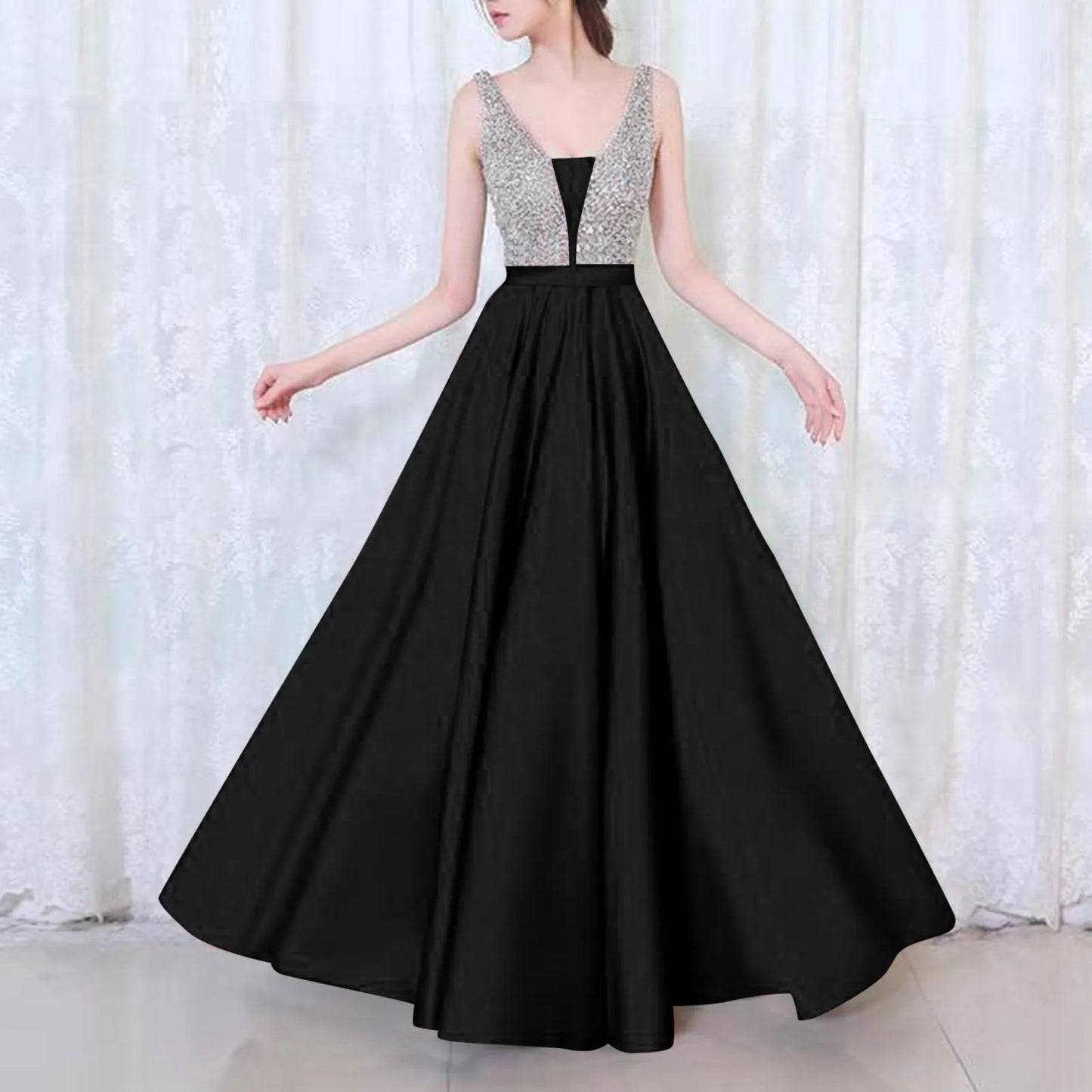 Sequin V-Neck Evening Dress – Elegant Sleeveless Sparkly Prom Gown