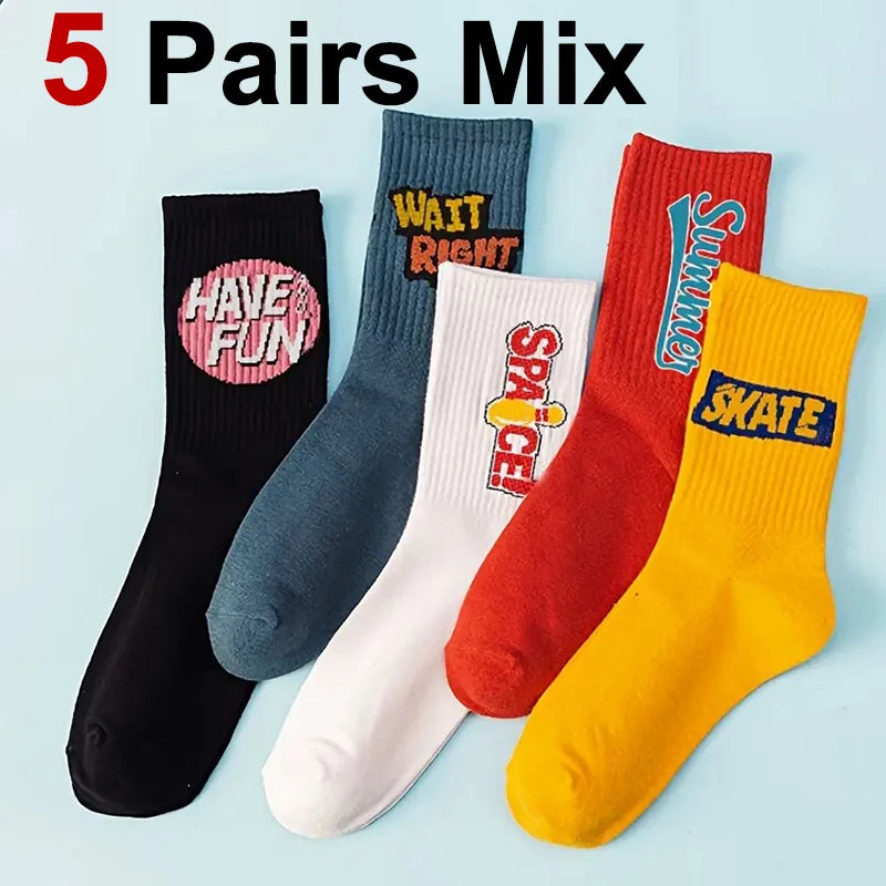5 Pairs Unisex Letter Print Cotton Socks – Breathable Street Style for Couples