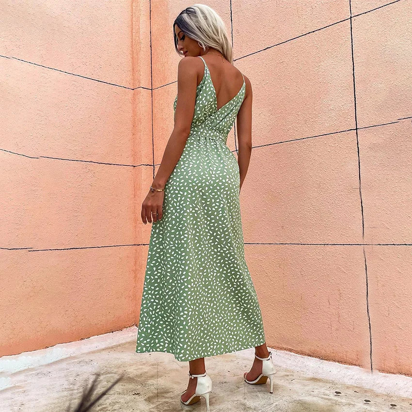 Women’s Summer Floral Print Backless Dress – Sexy Bandage Slit V-Neck Sundress
