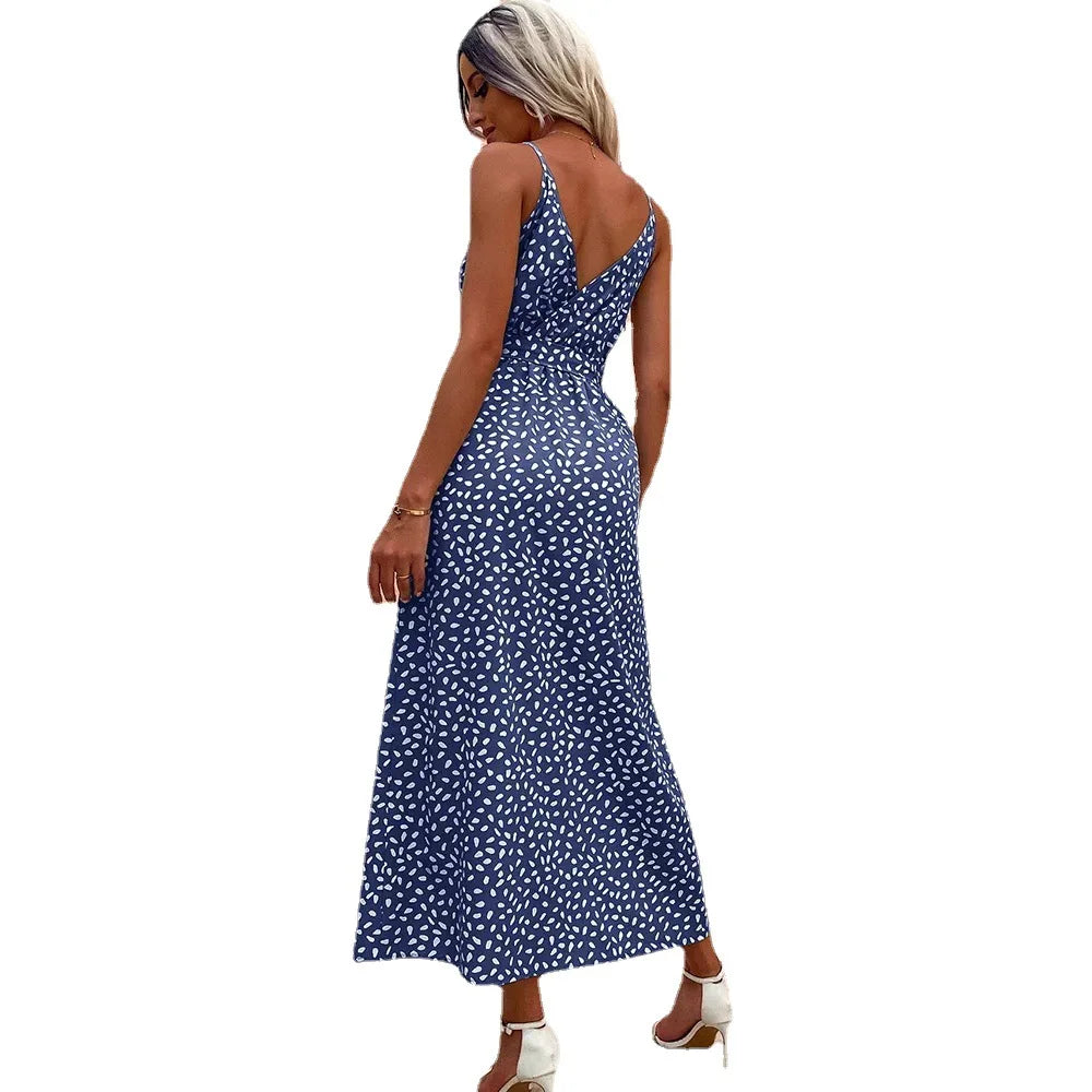 Women’s Summer Floral Print Midi Dress – Backless Lace-Up, Slit Beach Sundress