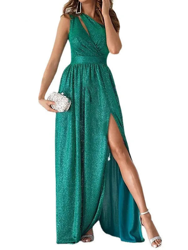 Women’s Elegant One-Shoulder A-Line Dress – Red High Slit Prom & Evening Maxi Dress