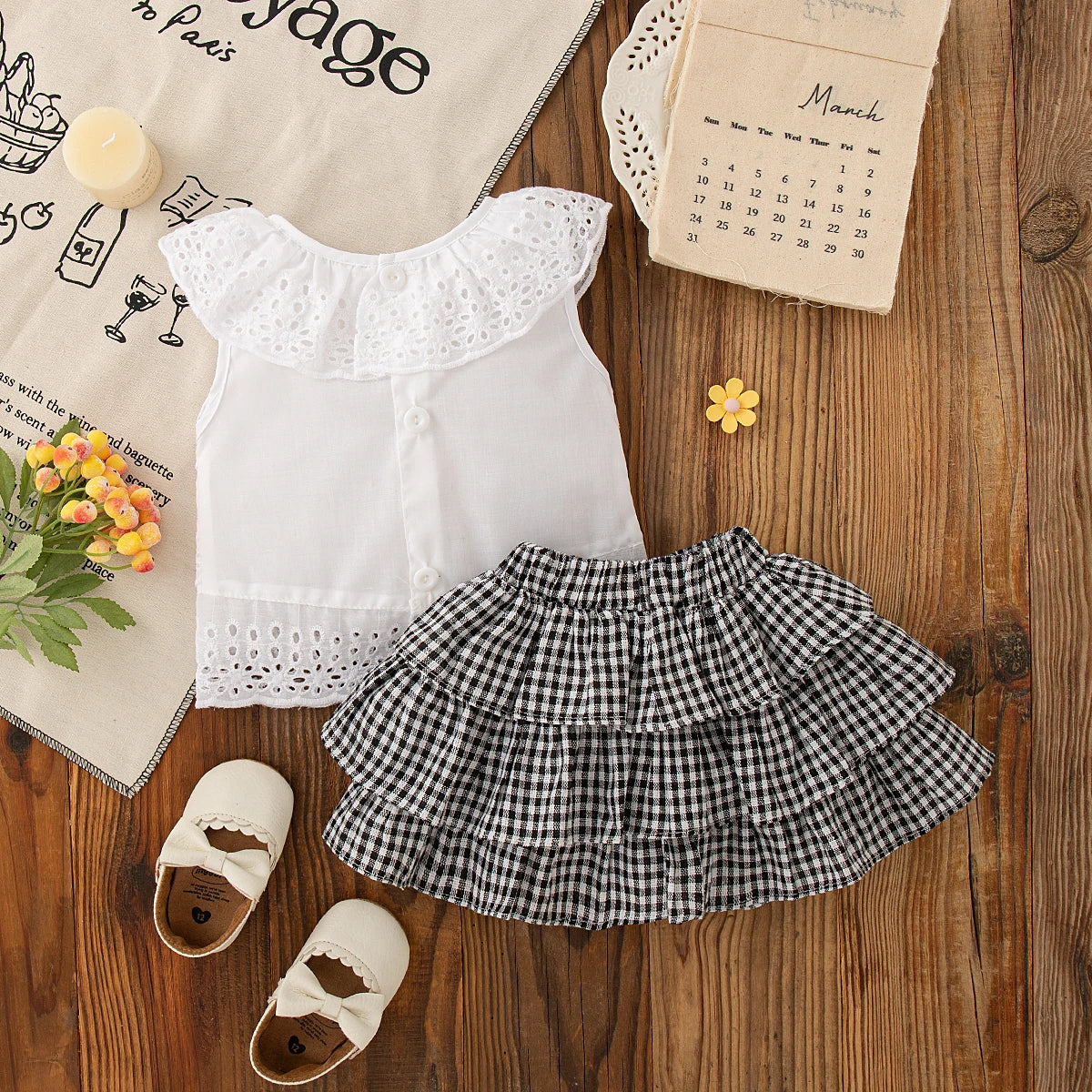 White Hollow Out Sleeveless Top+Plaid Skirt For Baby And Girl, Two-Piece Set,Summer New Children'S Clothing (9 Months -3 Years)