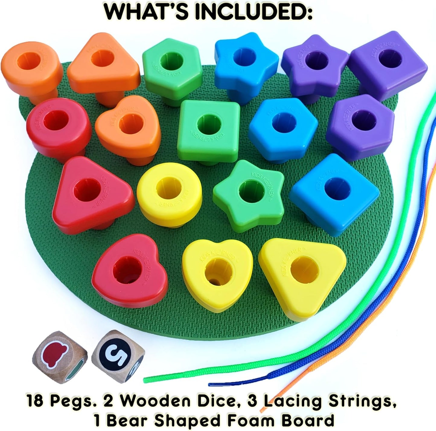 Jumbo Stacking Shapes Pegboard Set for Kids with 18 Pegs, 2 Wooden Dice, Lacing String & Storage Box (Standard Rainbow Colors)