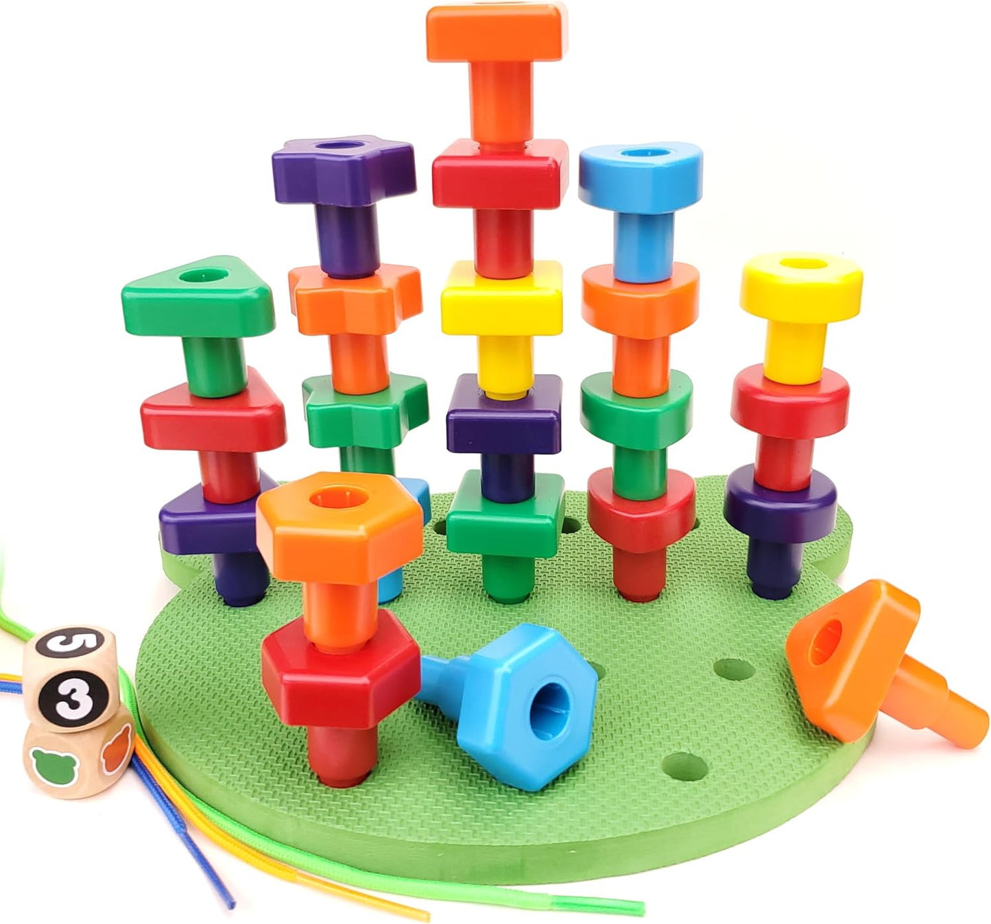 Jumbo Stacking Shapes Pegboard Set for Kids with 18 Pegs, 2 Wooden Dice, Lacing String & Storage Box (Standard Rainbow Colors)