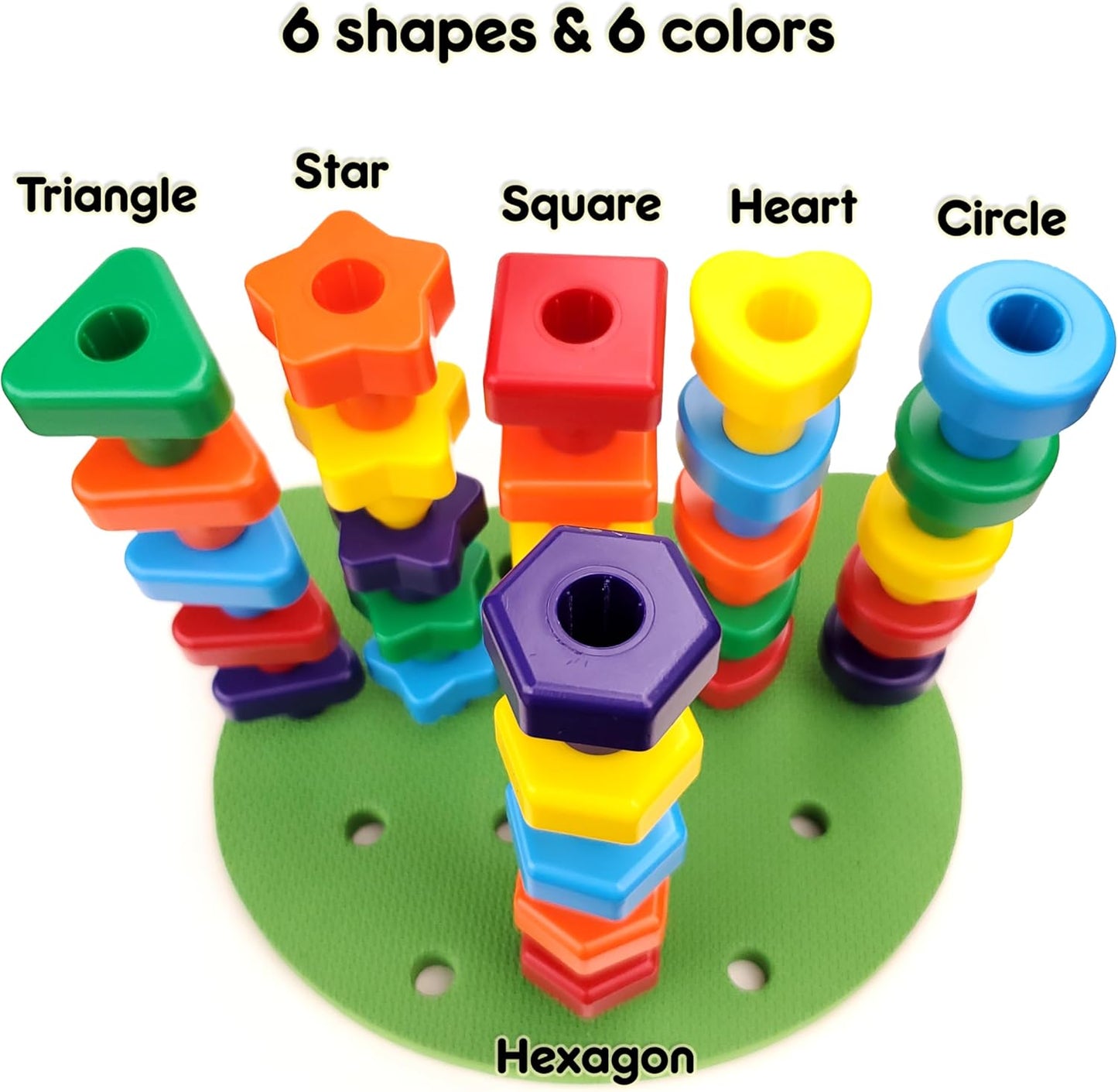 Jumbo Stacking Shapes Pegboard Set for Kids with 18 Pegs, 2 Wooden Dice, Lacing String & Storage Box (Standard Rainbow Colors)