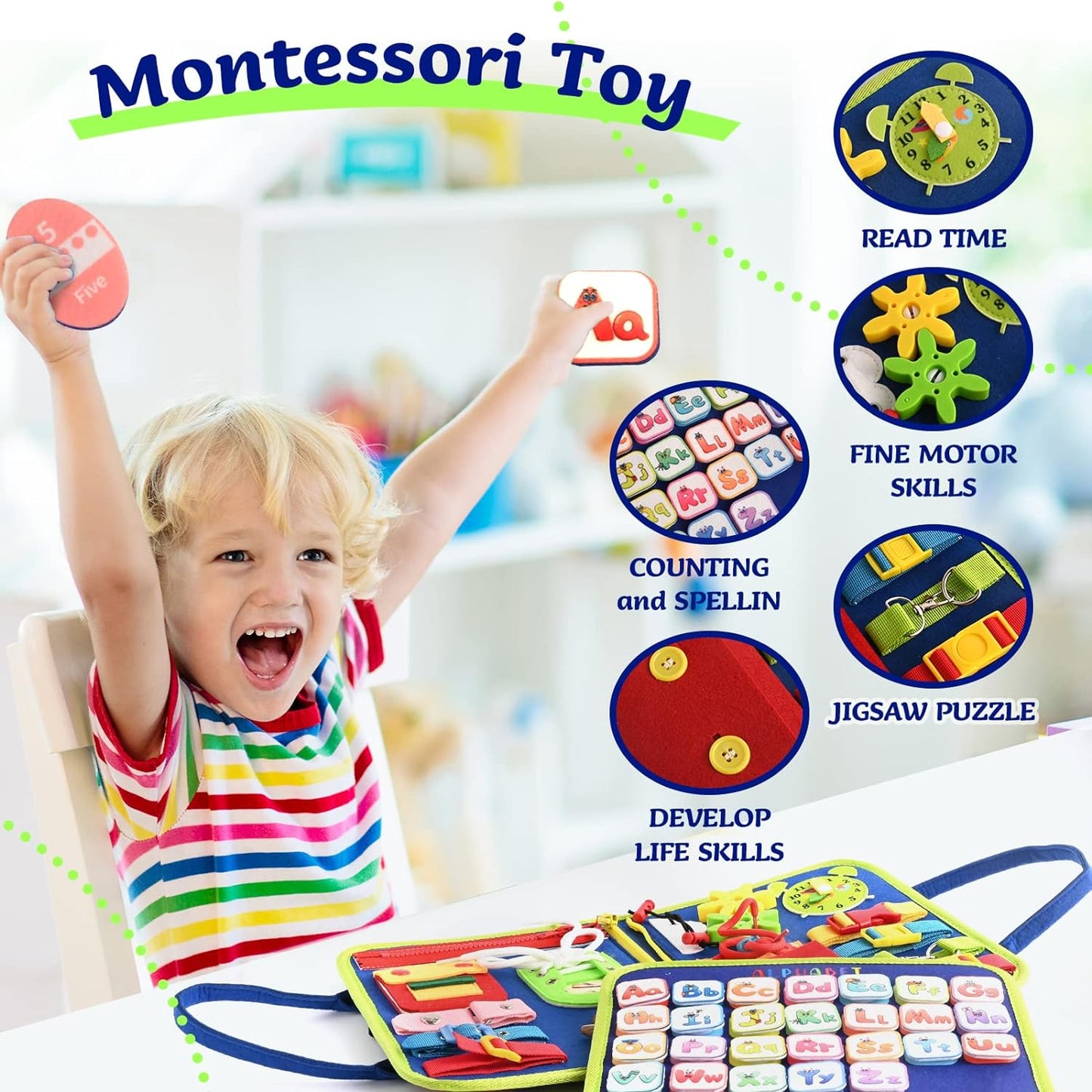 Montessori Busy Board | 1-4 Year Old Toddler Learning Toy | Fine Motor Skills Development | Montessori Sensory Playset | Early Childhood Education Tool | Portable Travel Preschool Activity Kit