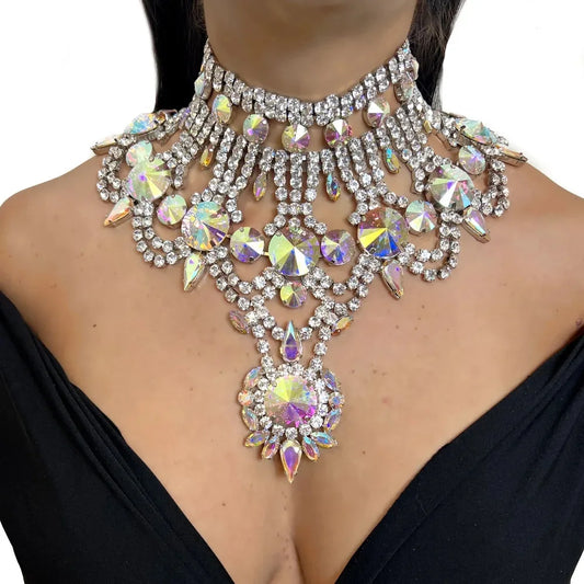 Statement Iridescent Rhinestone Collar Necklace – Chunky Crystal Choker for Women