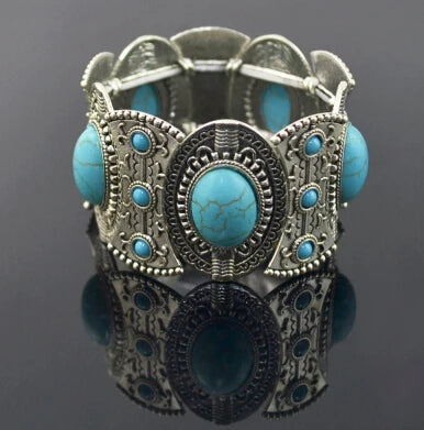 Gypsy Tribal Tibetan Bracelet – Boho Vintage Turquoise Elastic Bangle for Women
