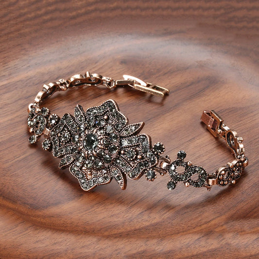 Kinel Boho Charm Link Bracelet – Antique Gold & Gray Crystal Ethnic Wedding Jewelry