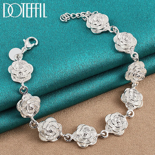 DOTEFFIL 925 Sterling Silver Rose Flower Chain Bracelet – Women's Wedding Charm Jewelry