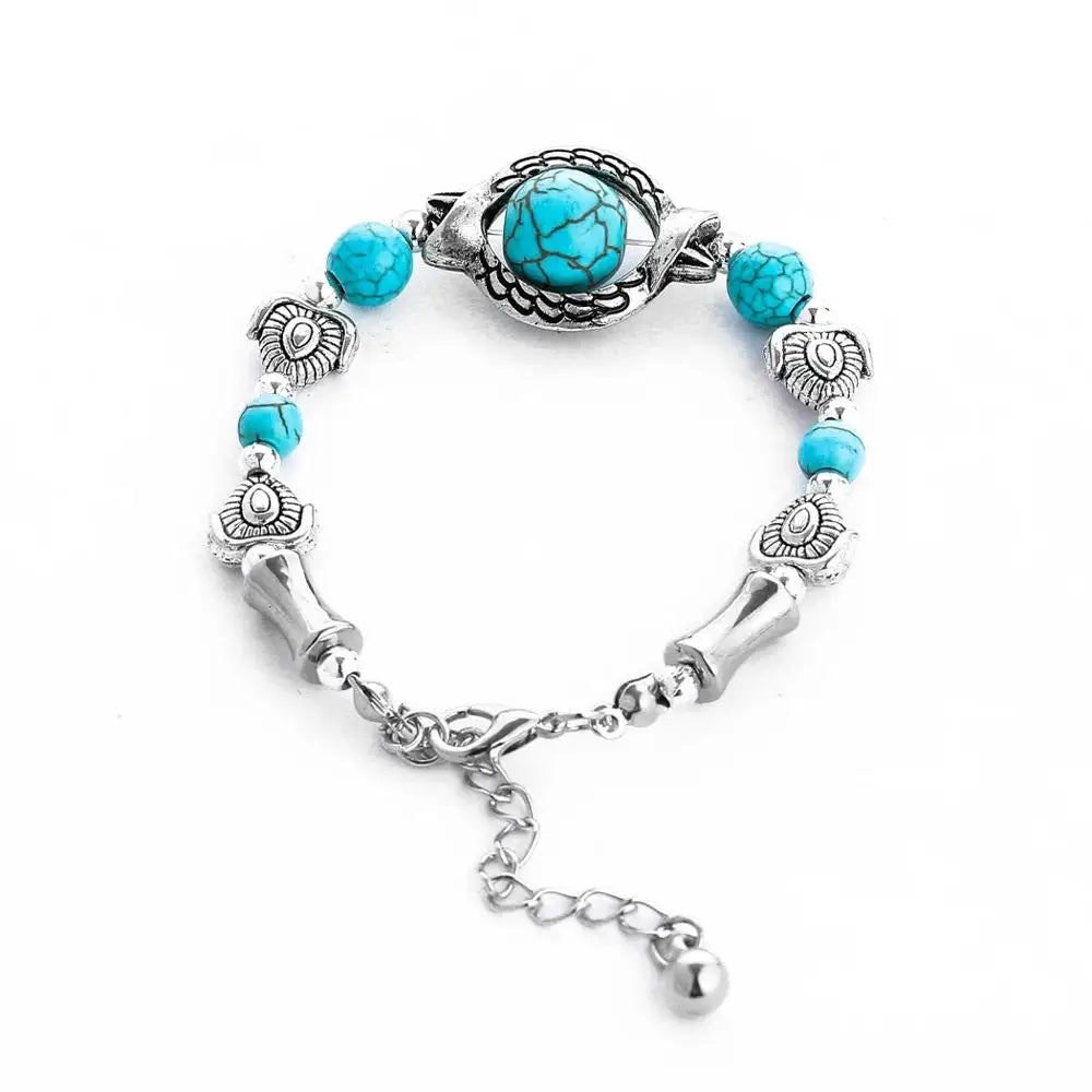 Gypsy Tribal Tibetan Bracelet – Boho Vintage Turquoise Elastic Bangle for Women