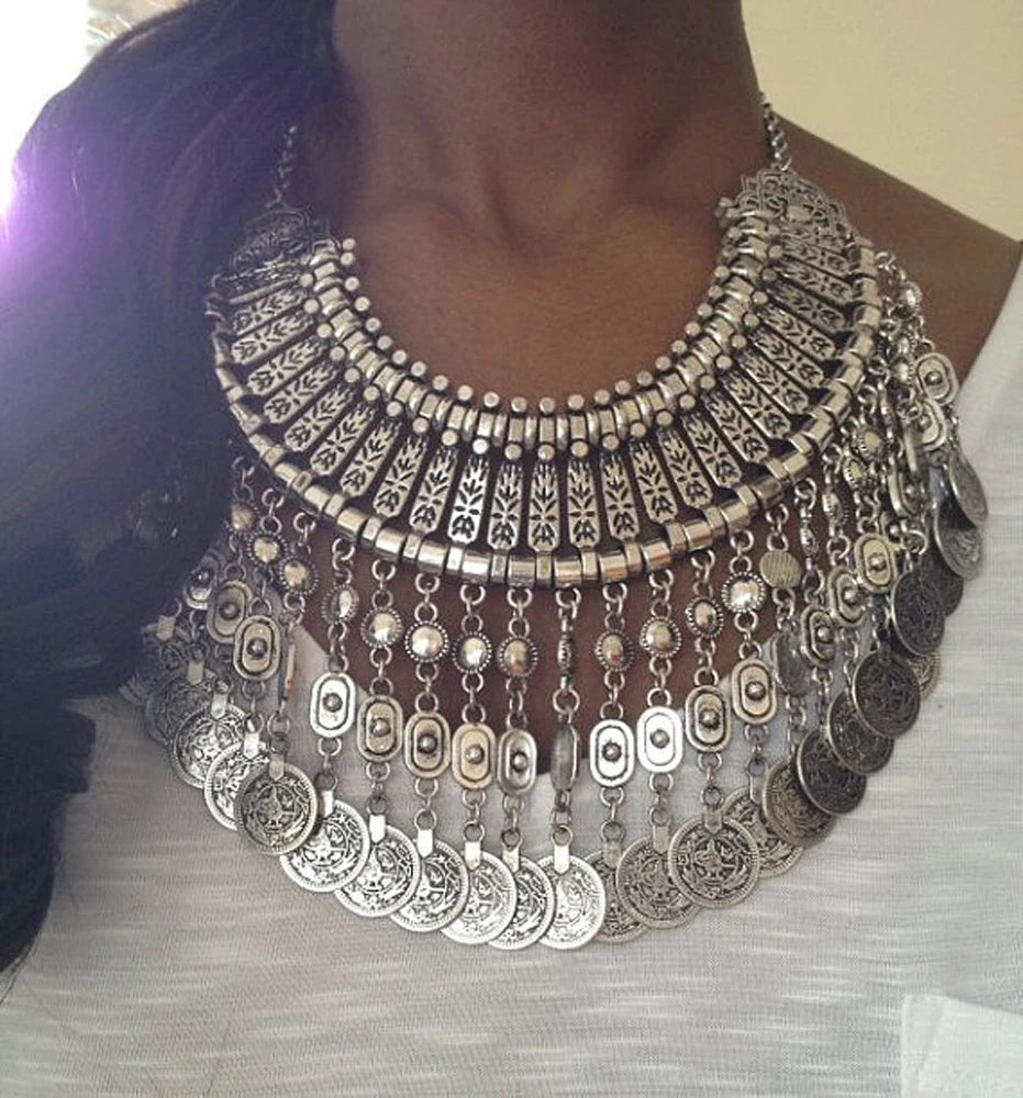 Afghan Boho Tassel Coin Necklace & Earrings Set – Ethnic Statement Jewelry