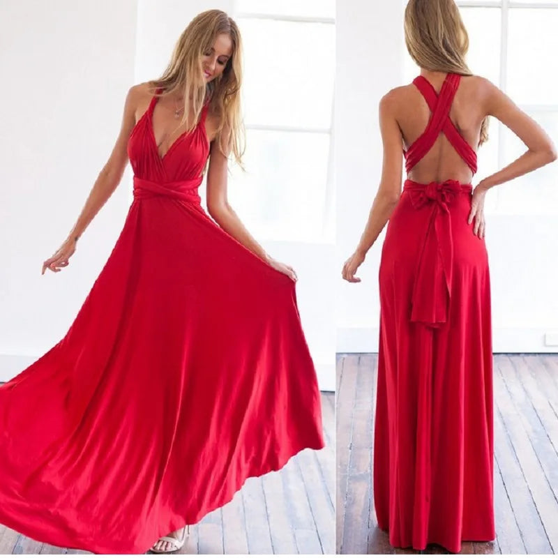 Sexy Women’s Multiway Red Maxi Dress – Convertible Boho Bandage Party Dress
