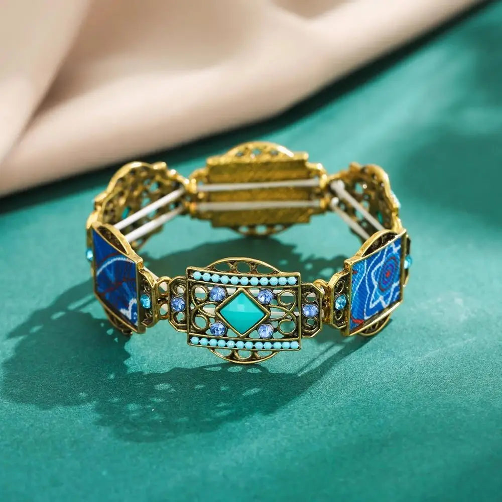 Gypsy Tribal Tibetan Bracelet – Boho Vintage Turquoise Elastic Bangle for Women