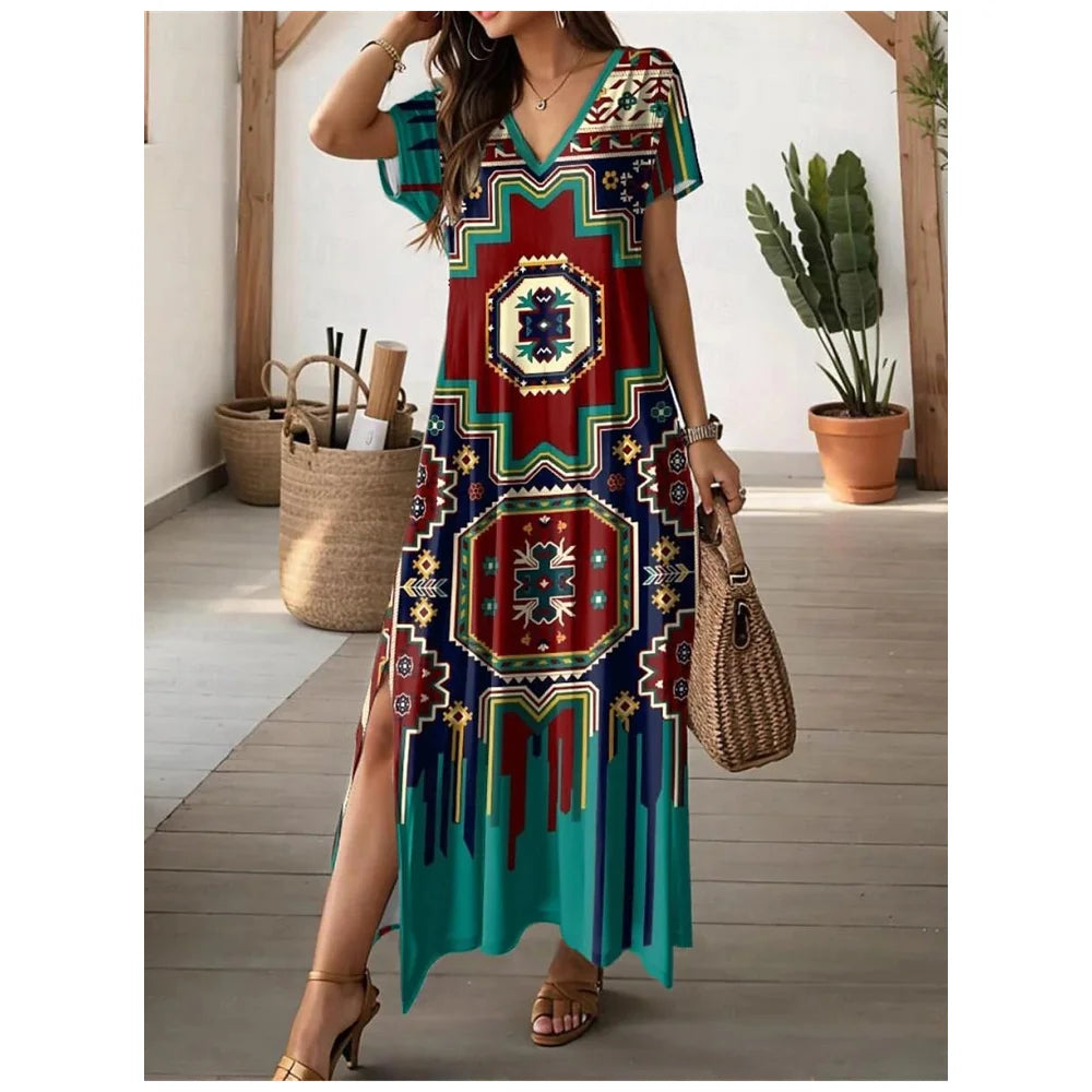 Women’s V-Neck Bohemian Dress – Short Sleeve Summer Skirt with Slit