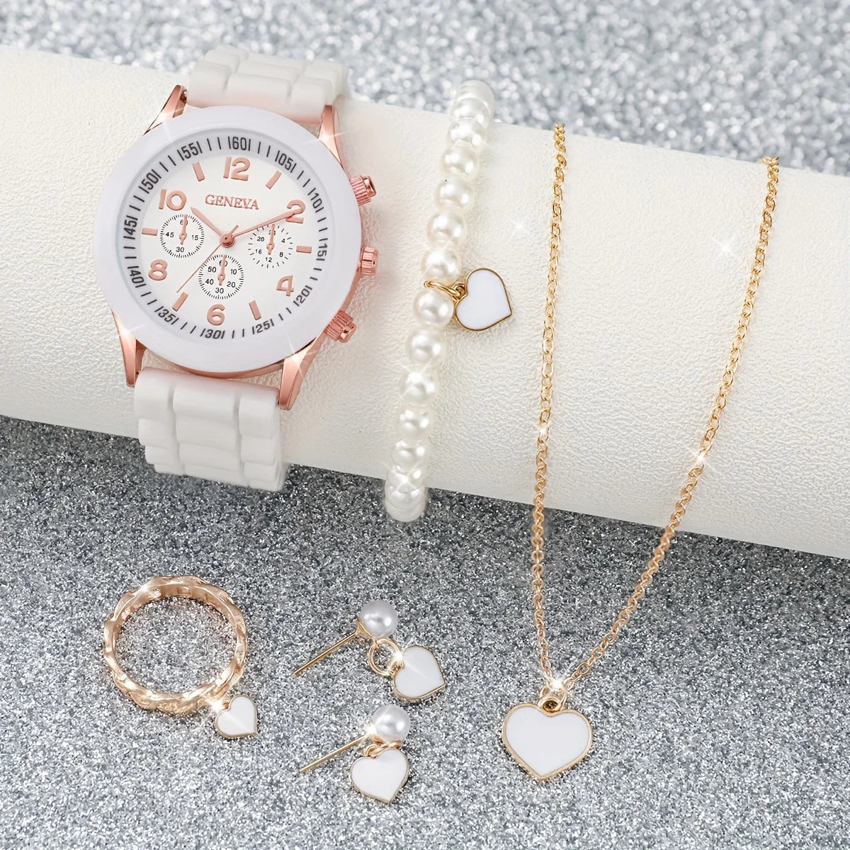 6-Piece Women's Watch Set – Silicone Band Quartz Watch with Heart & Pearl Jewelry (No Box)