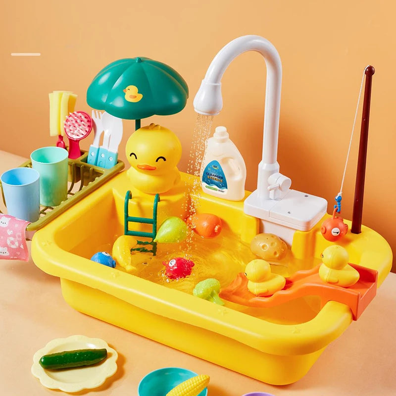 Kids Electric Kitchen Sink Toy with Running Water & Pretend Play Accessories