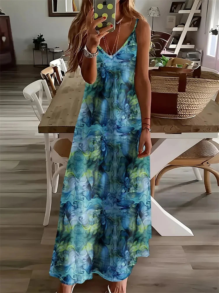 Women's Vintage Dreamcatcher Print Sleeveless Vest Dress – 2024 Summer V-Neck Halter