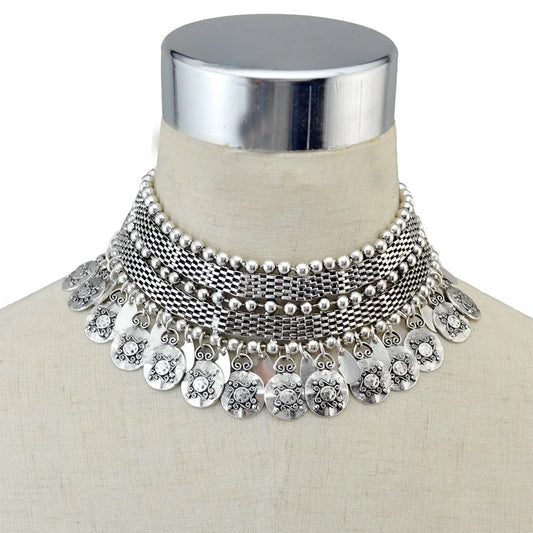 Afghan Vintage Boho Coin Tassel Statement Necklace – Silver Alloy