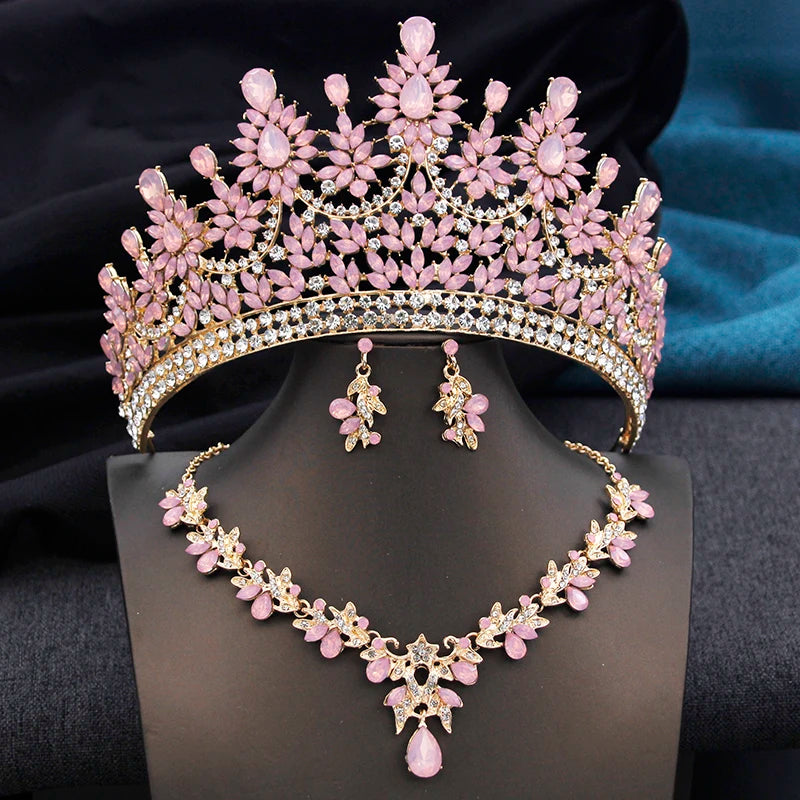 Pink Opal Bridal Jewelry Set – Tiara, Necklace & Earrings for Wedding or Prom