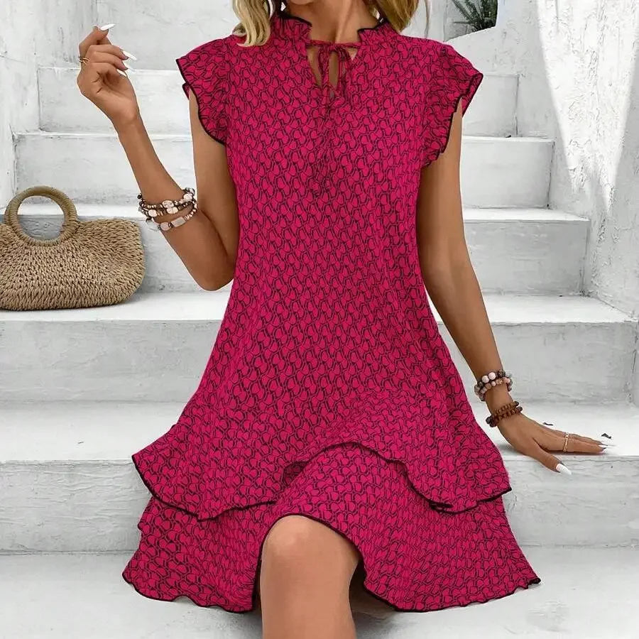 Summer A-Line Mini Dress – Pleated Boho Sundress with Ruffle Sleeves & Sweetheart Neckline