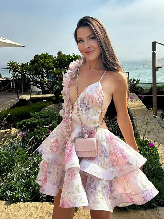 Elegant Floral Puff Sleeve Mini Dress – 3D Flower V-Neck Summer Gown