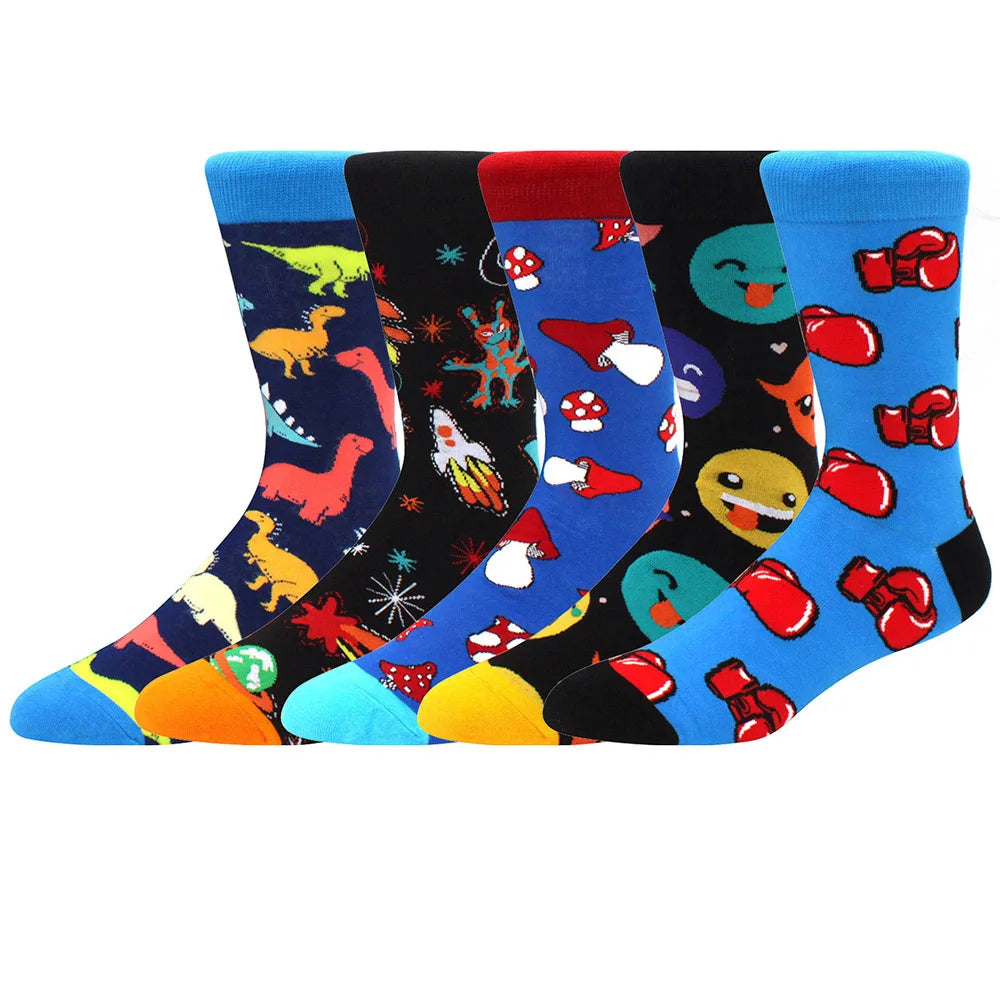 5 Pairs Combed Cotton Socks – Funny Fashion Crew Socks for Men & Women