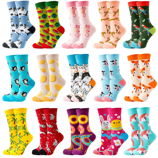 Unisex Animal & Fruit Print Socks – Hip Hop Skateboard Mid-Rise Style