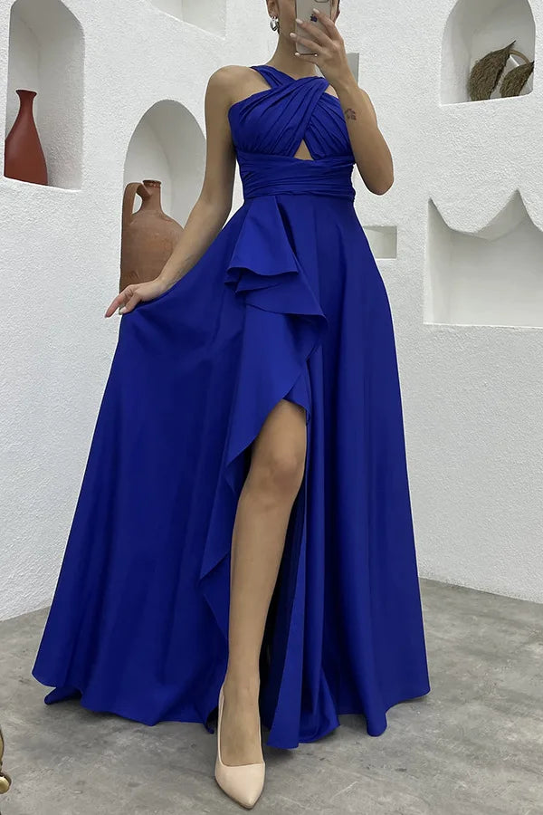 Elegant Sleeveless High Waist Ruffle Slit Corset Prom Dress