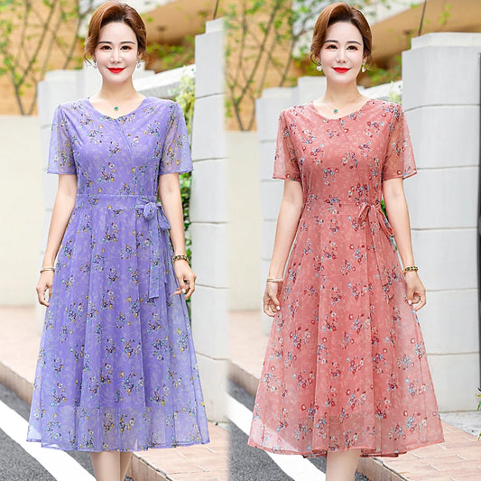 Summer Floral Print Chiffon Dress – Short Sleeve A-Line Beach Dress for Women