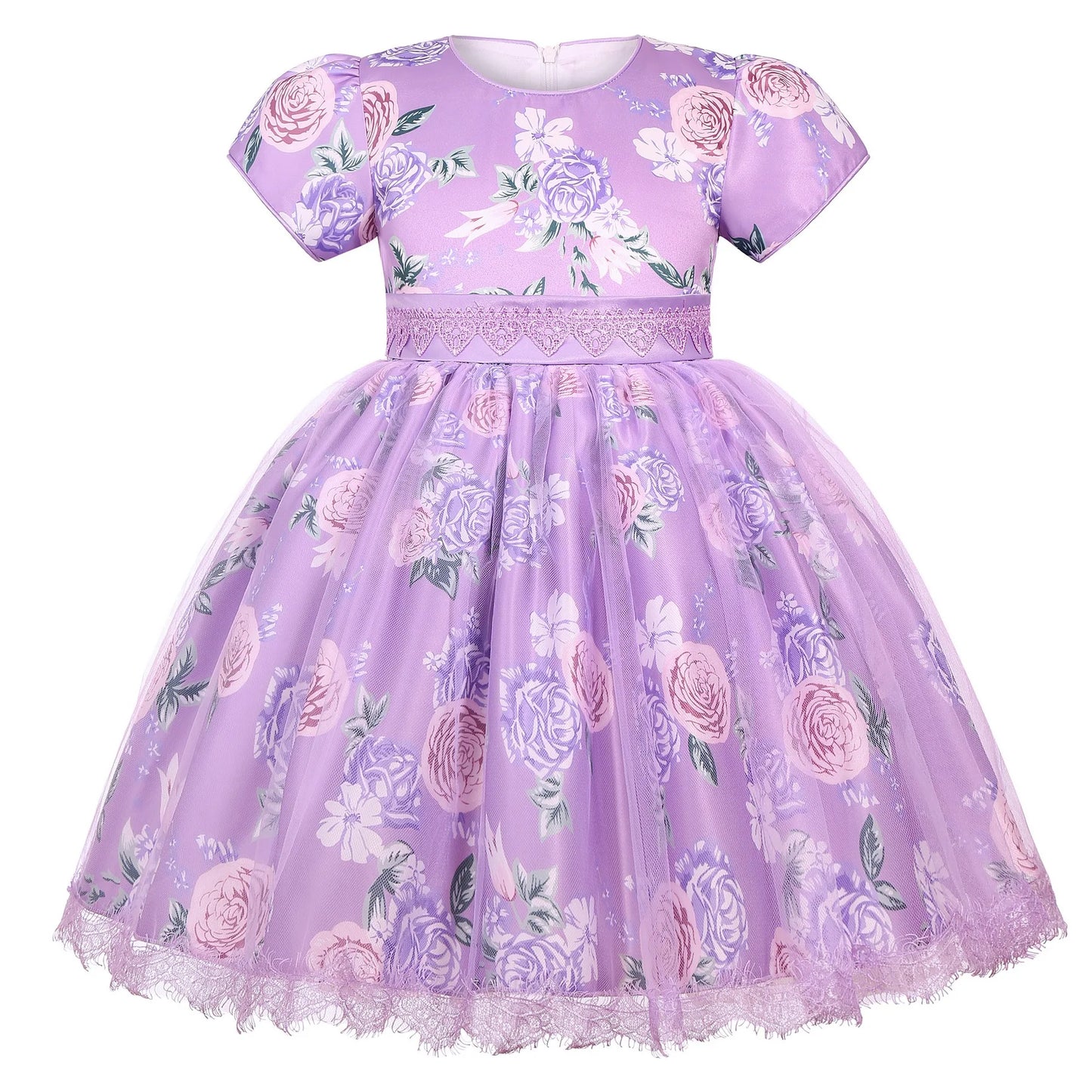 Cross-border special summer burst dress girls printed waist wedding dress flower girl short-sleeved princess puffy skirt