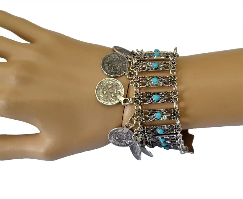 Gypsy Tribal Tibetan Bracelet – Boho Vintage Turquoise Elastic Bangle for Women