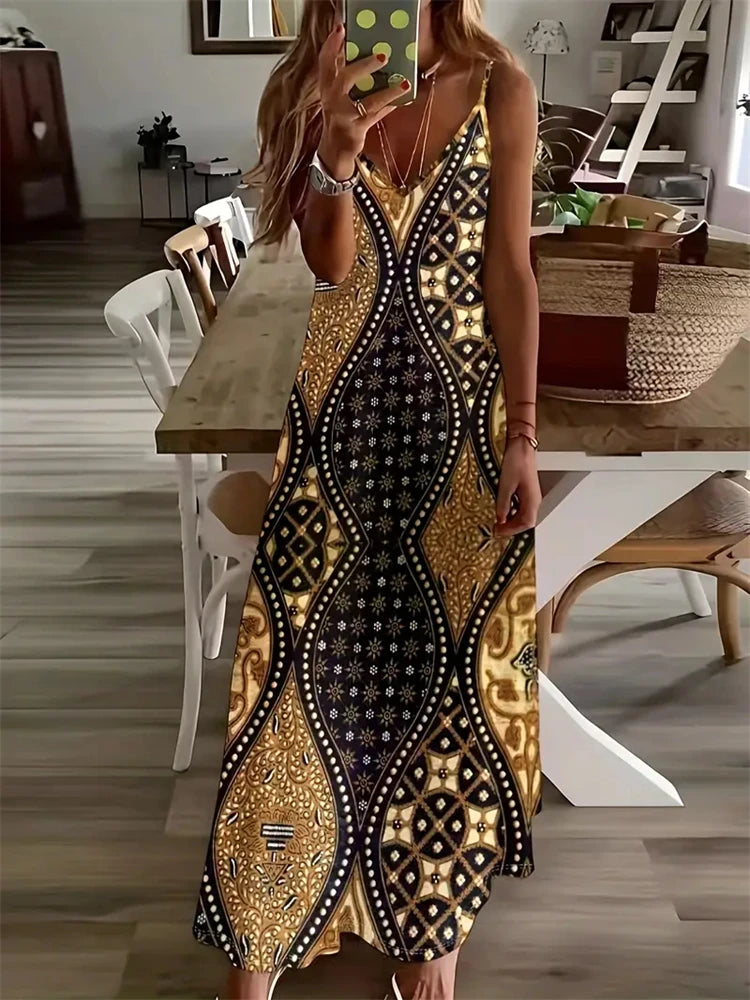 Women's Vintage Dreamcatcher Print Sleeveless Vest Dress – 2024 Summer V-Neck Halter
