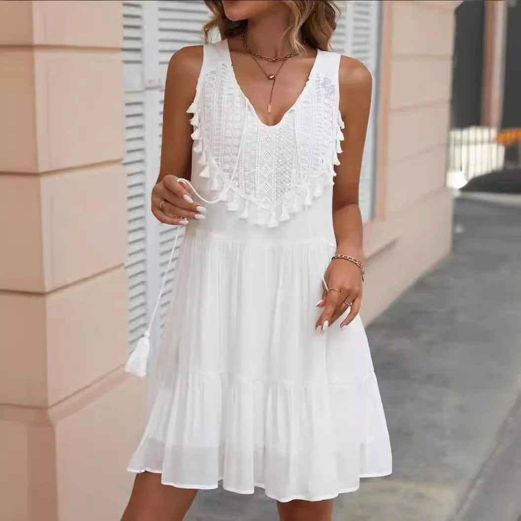 Fashion White Lace Tassel Mini Dress – V-Neck Sleeveless Beach Sundress for Women