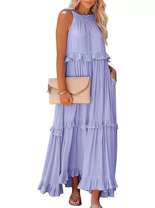 Women’s Spring/Summer Ruffle Edge Beach Skirt – Casual Solid Color Swing Maxi Skirt