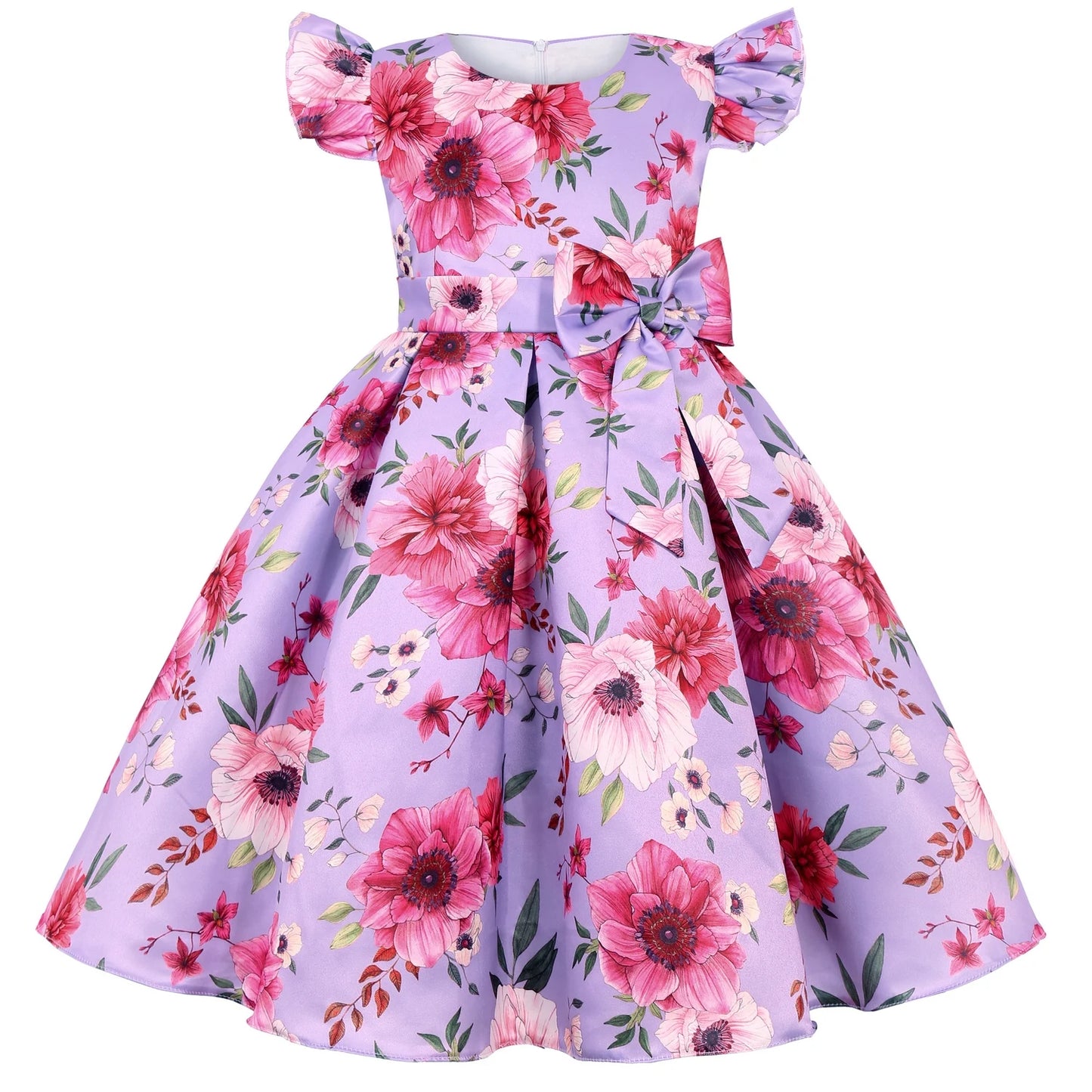 Cross-border special summer burst dress girls printed waist wedding dress flower girl short-sleeved princess puffy skirt