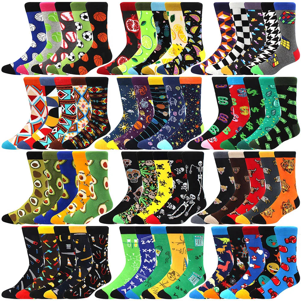 5 Pairs Combed Cotton Socks – Funny Fashion Crew Socks for Men & Women