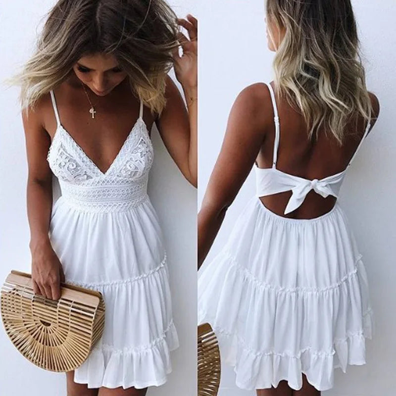 Women’s Summer Sexy White Spaghetti Strap Mini Dress – Casual Beach Party