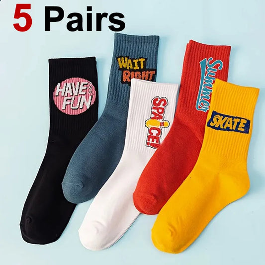 5 Pairs Unisex Letter Print Cotton Socks – Breathable Street Style for Couples